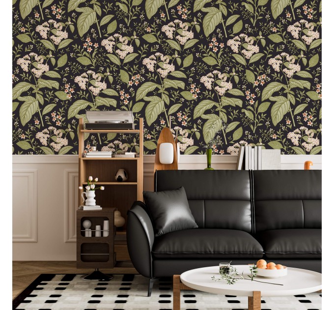 Dark botanical wallpaper vintage herbs and wildflowers