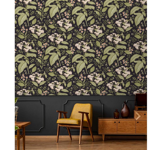 Dark botanical wallpaper vintage herbs and wildflowers