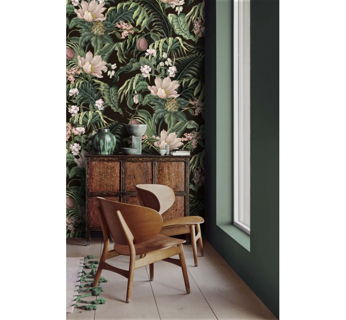 Dark tropical wallpaper Exotic flowers and palm leaves