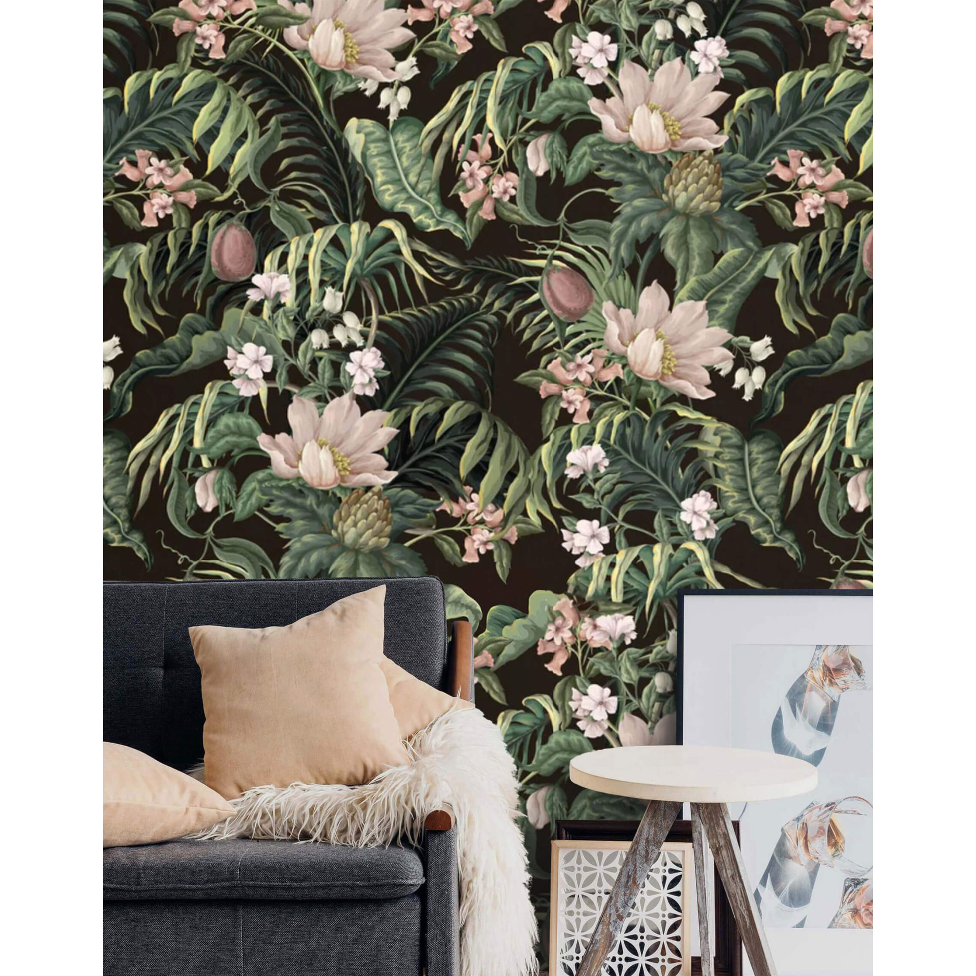 Dark floral wallpaper – Exotic tropical leaves and flowers
