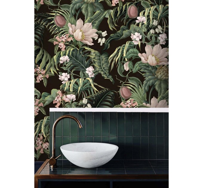 Dark tropical wallpaper Exotic flowers and palm leaves
