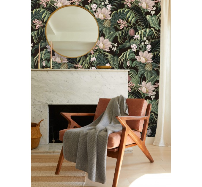 Dark tropical wallpaper Exotic flowers and palm leaves