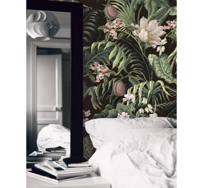Dark tropical wallpaper Exotic flowers and palm leaves