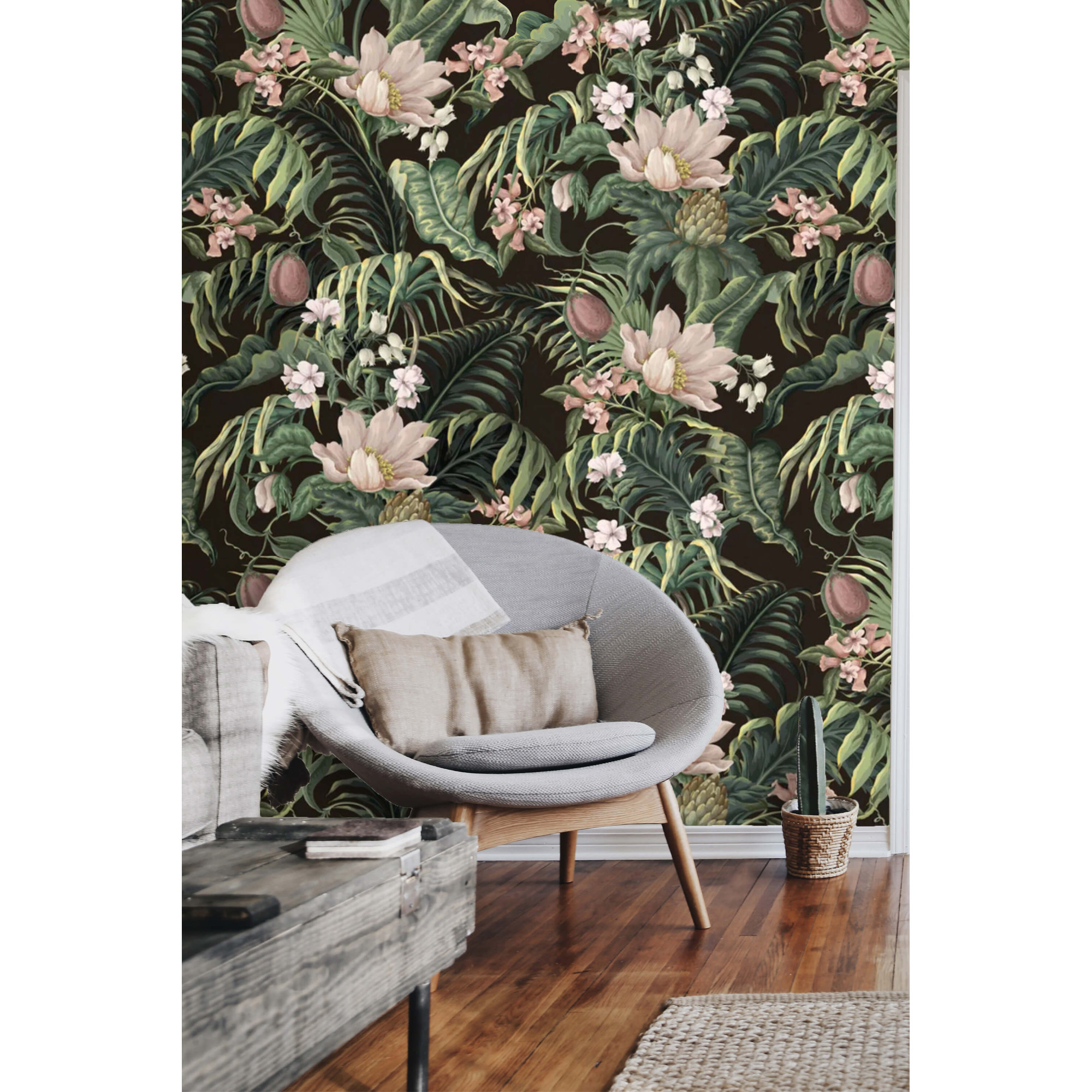 Dark floral wallpaper – Exotic tropical leaves and flowers