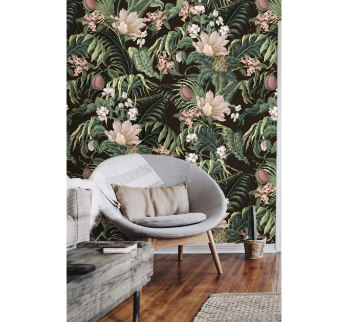 Dark tropical wallpaper Exotic flowers and palm leaves