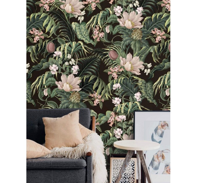 Dark tropical wallpaper Exotic flowers and palm leaves