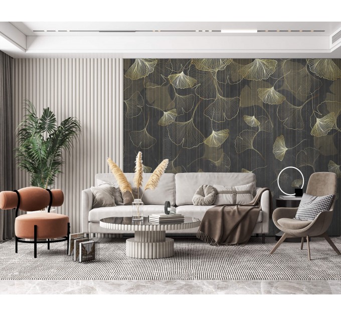 Dark botanical wallpaper mural, large ginkgo leaves