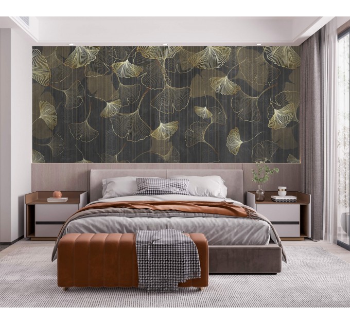 Dark botanical wallpaper mural, large ginkgo leaves