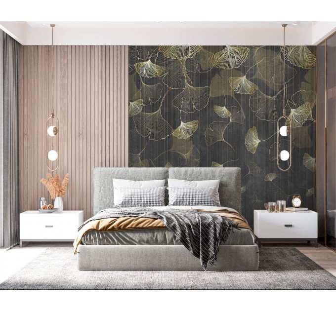 Dark botanical wallpaper mural, large ginkgo leaves