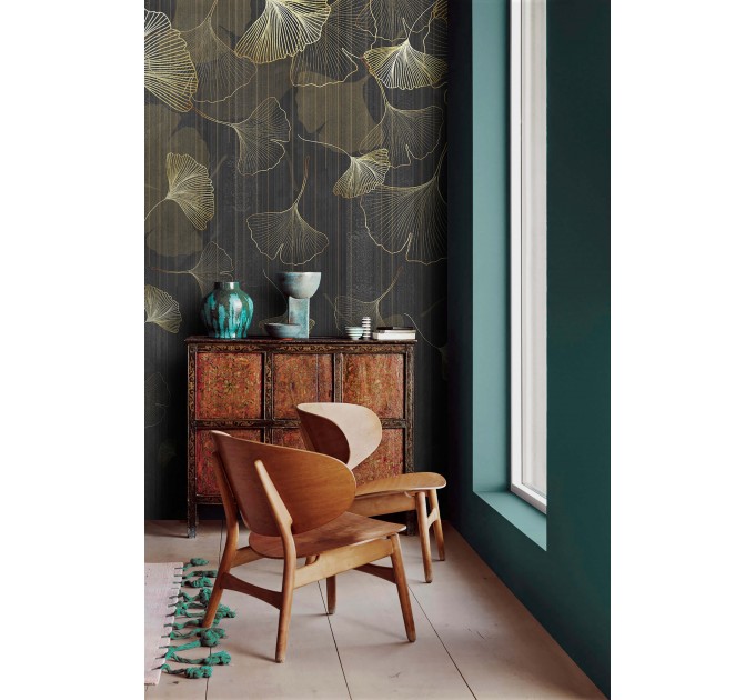 Dark botanical wallpaper mural, large ginkgo leaves