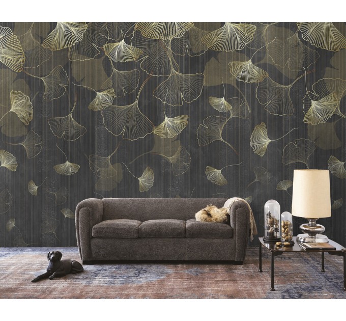 Dark botanical wallpaper mural, large ginkgo leaves