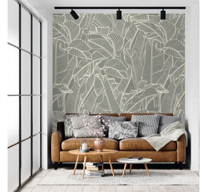 Neutral tropical wallpaper, linear minimalist leaves