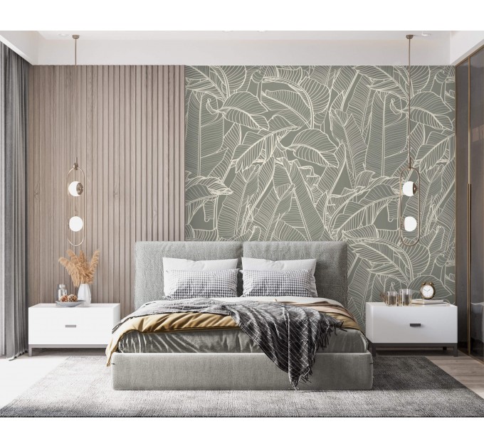 Neutral tropical wallpaper, linear minimalist leaves