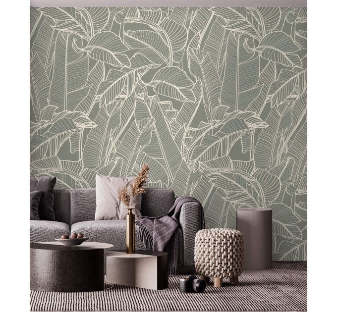 Neutral tropical wallpaper, linear minimalist leaves