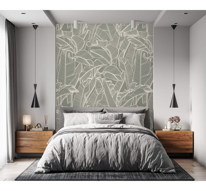 Neutral tropical wallpaper, linear minimalist leaves