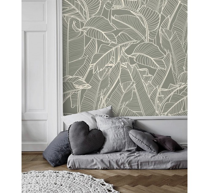 Neutral tropical wallpaper, linear minimalist leaves