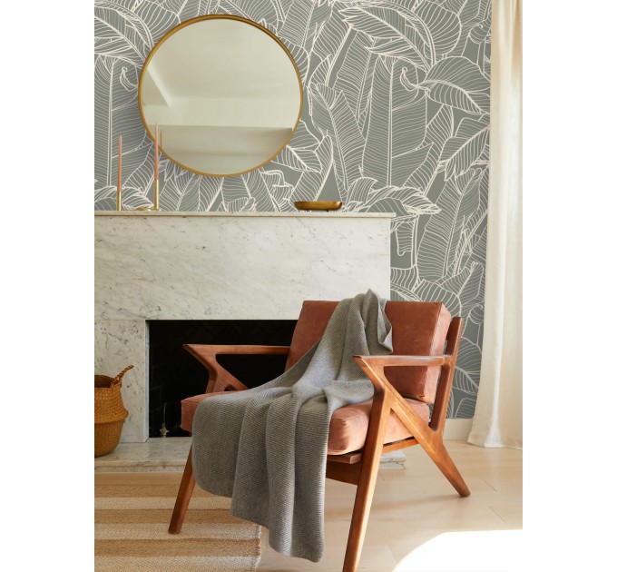 Neutral tropical wallpaper, linear minimalist leaves
