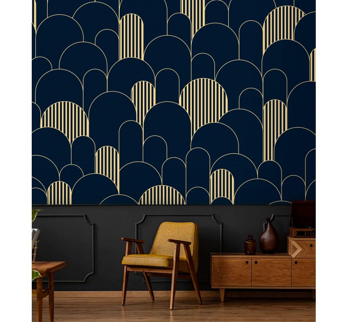 Art deco wallpaper geometric dark blue arches