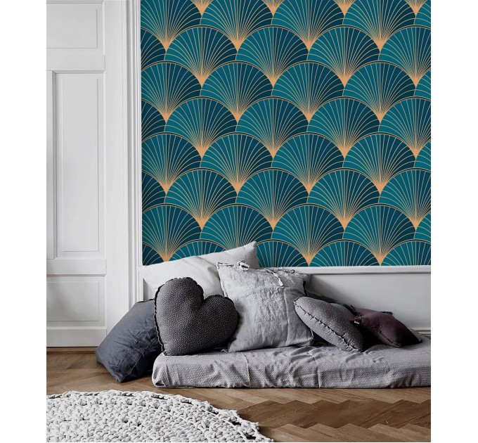 Art deco blue teal wallpaper fans gold non metallic