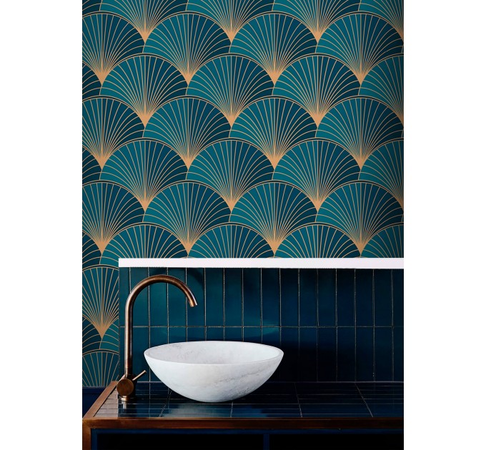 Art deco blue teal wallpaper fans gold non metallic