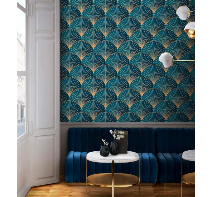 Art deco blue teal wallpaper fans gold non metallic
