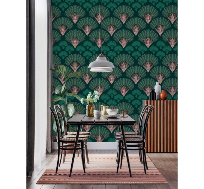 Art deco wallpaper fans deep green mid century wallpaper