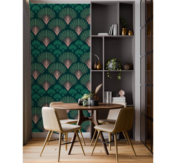 Art deco wallpaper fans deep green mid century wallpaper