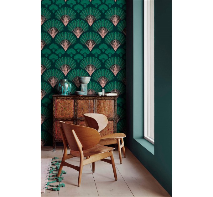 Art deco wallpaper fans deep green mid century wallpaper
