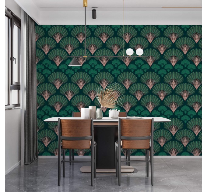 Art deco wallpaper fans deep green mid century wallpaper