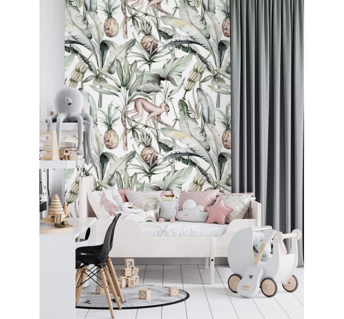 Tropical wallpaper banana leaves and monkeys
