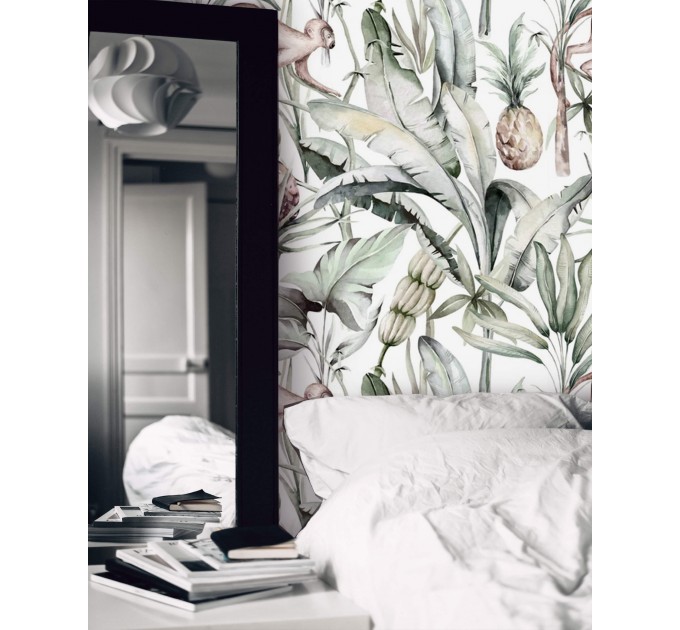 Tropical wallpaper banana leaves and monkeys