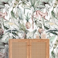 Tropical wallpaper banana leaves and monkeys