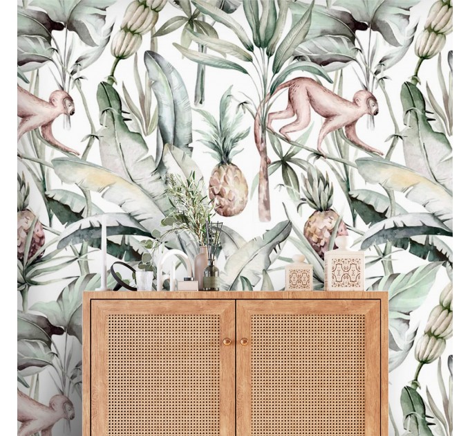 Tropical wallpaper banana leaves and monkeys