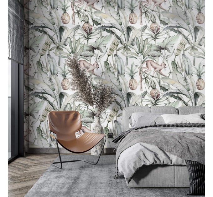 Tropical wallpaper banana leaves and monkeys