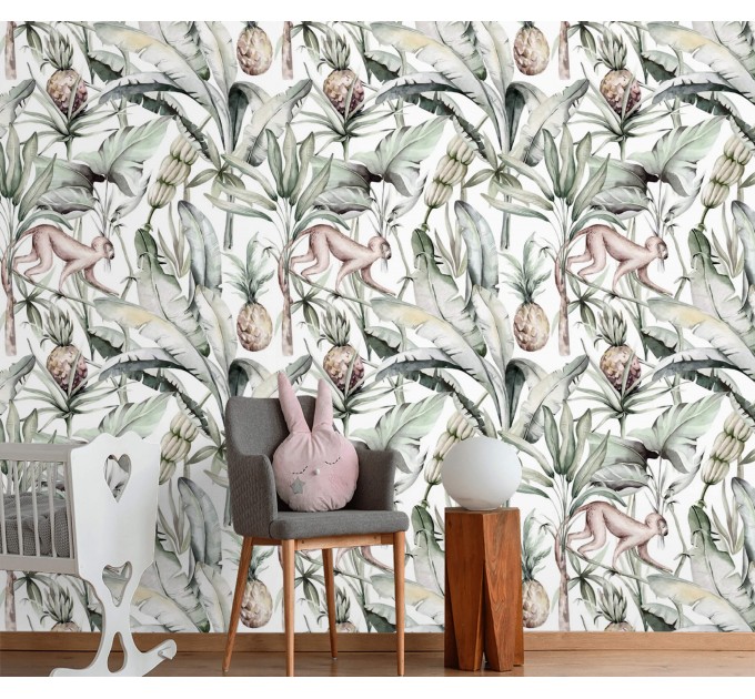 Tropical wallpaper banana leaves and monkeys