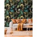 Whimsical wallpaper colorful leaves on dark moons snakes stars