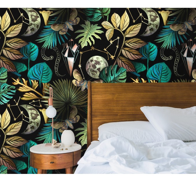 Whimsical wallpaper colorful leaves on dark moons snakes stars