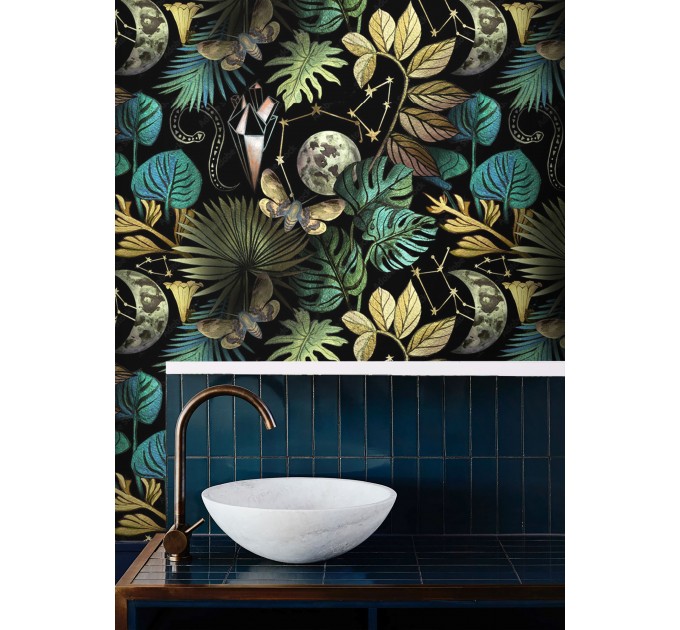 Whimsical wallpaper colorful leaves on dark moons snakes stars