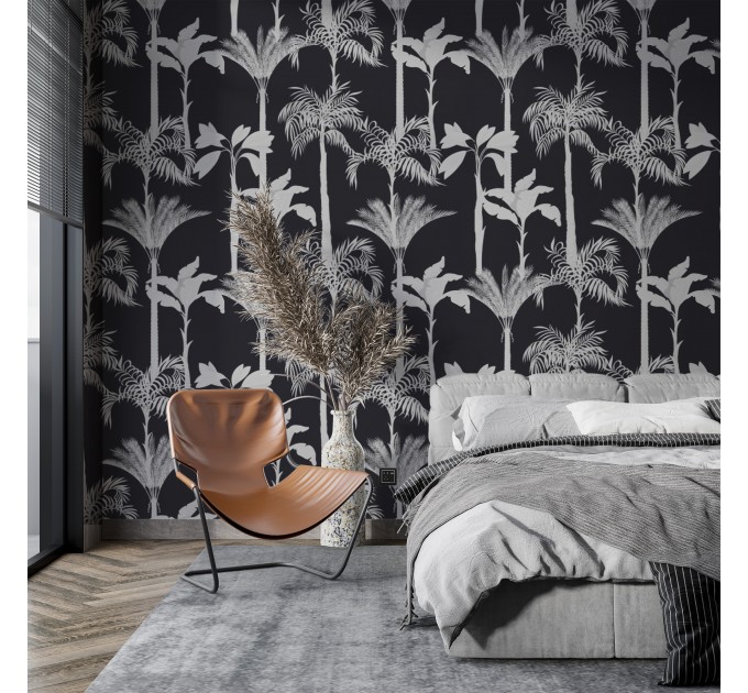Black and white palm tree wallpaper, bold tropical decor
