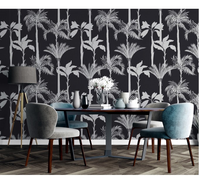 Black and white palm tree wallpaper, bold tropical decor
