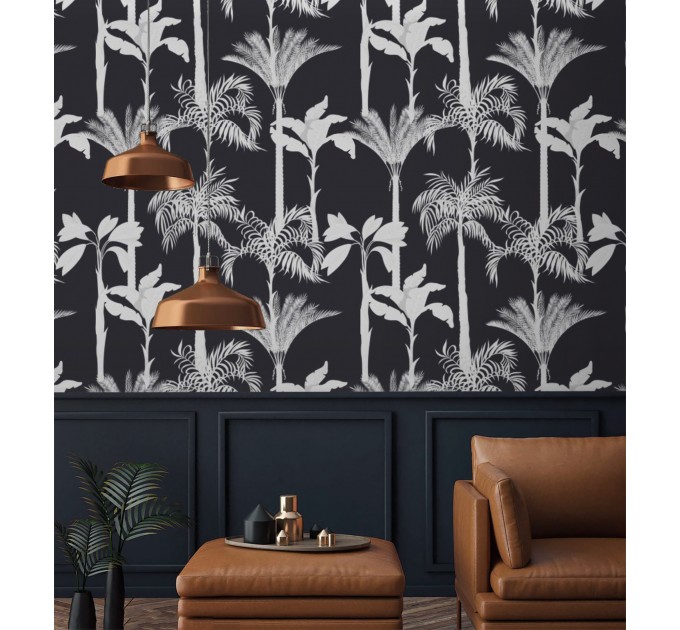 Black and white palm tree wallpaper, bold tropical decor