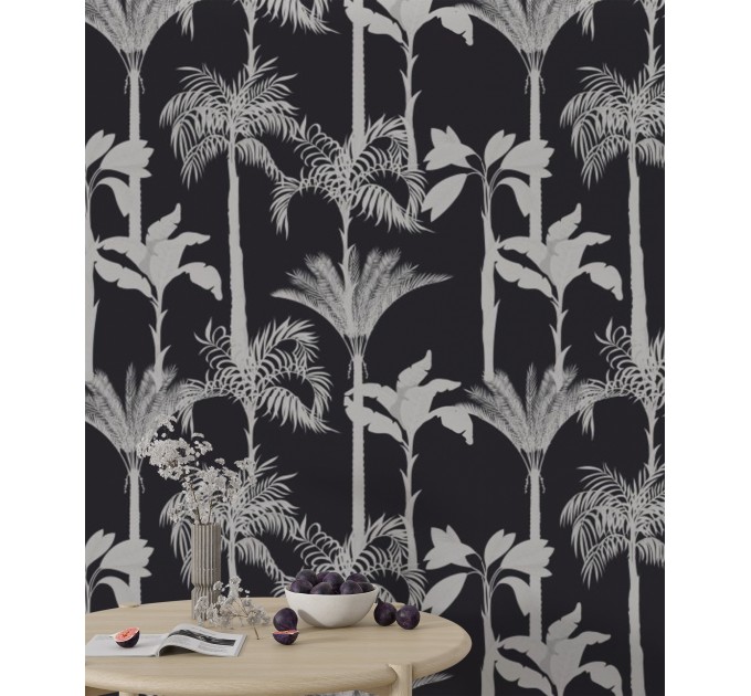 Black and white palm tree wallpaper, bold tropical decor