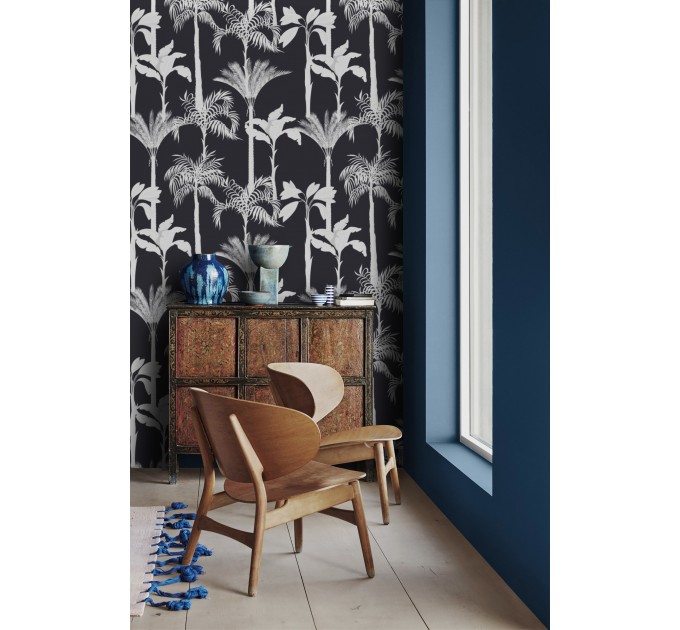 Black and white palm tree wallpaper, bold tropical decor