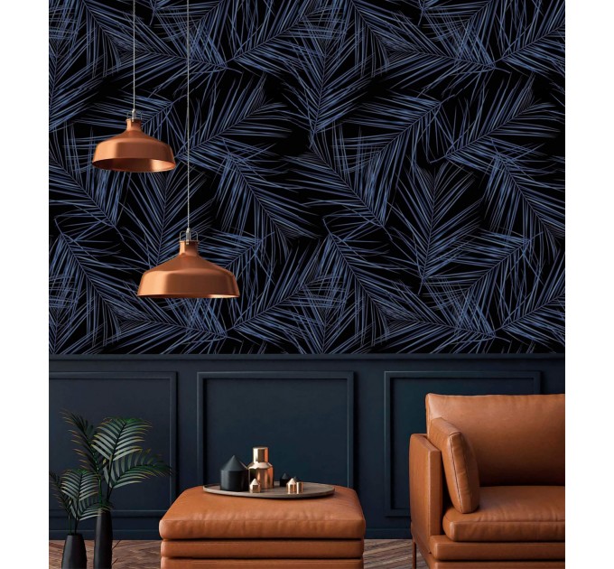 Tropical wallpaper Dark blue large palm leaves
