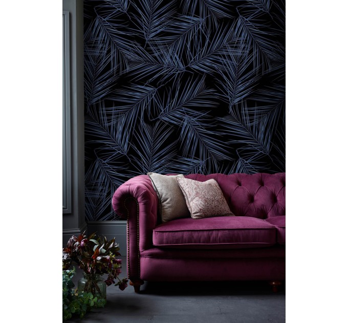 Tropical wallpaper Dark blue large palm leaves
