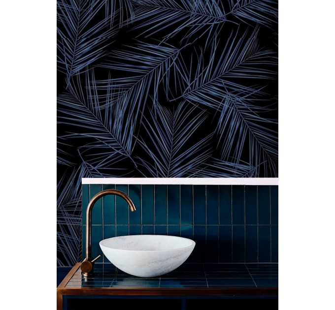 Tropical wallpaper Dark blue large palm leaves