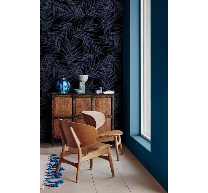 Tropical wallpaper Dark blue large palm leaves