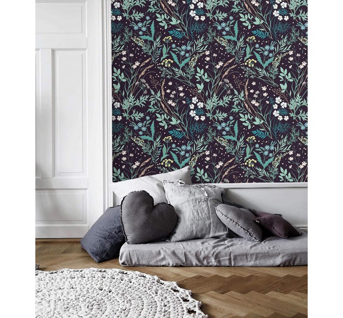 Dark botanical wallpaper, floral vintage design