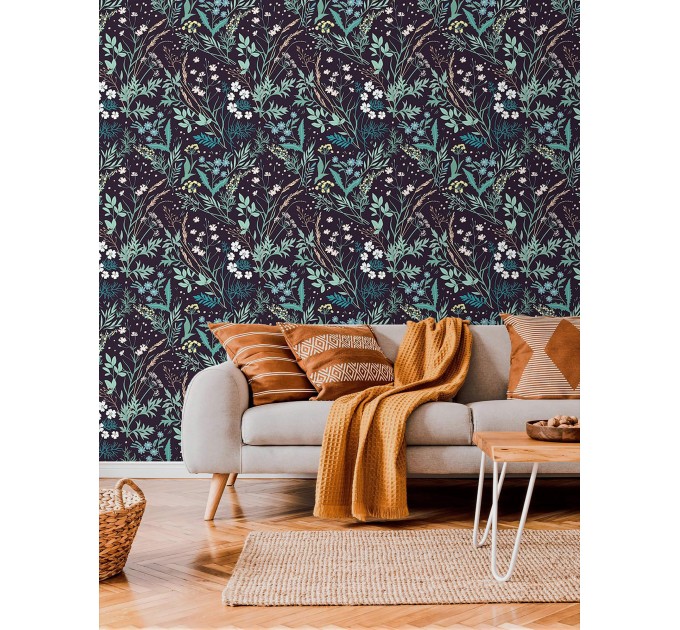 Dark botanical wallpaper, floral vintage design