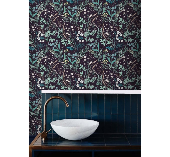 Dark botanical wallpaper, floral vintage design